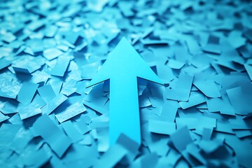 A blue arrow stands upright among scattered papers on a blue background, symbolizing customer feedback as a tool for improvement and growth