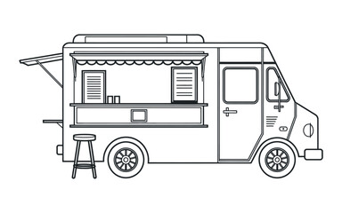 Line art illustration of a food truck with a serving window awning and a small stool