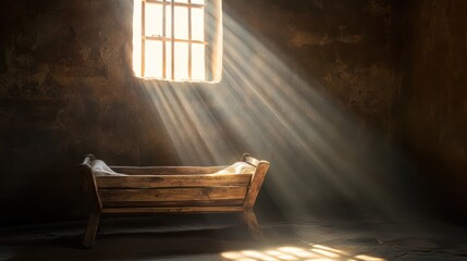 Sunbeams illuminate manger in rustic room; Christmas