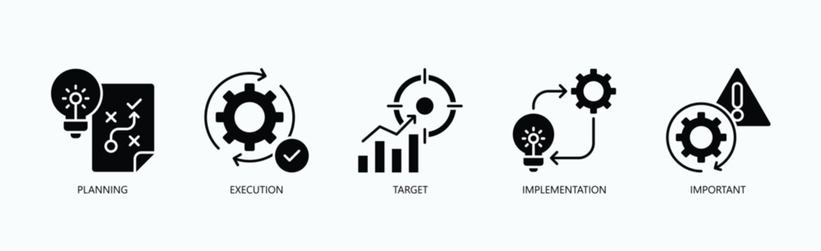 Strategic Operations Icon Set Isolated Vector With Icon Of Planning, Execution, Target, Implementation, Important In Glyph Style
