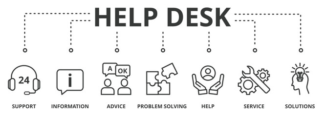 Help desk banner vector illustration concept with icon of support, information, advice, problem solving, help, service and solutions