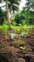 Fresh green seedlings emerging from rich, dark soil in a vibrant garden setting. The lush background showcases tropical plants, emphasizing nature's beauty and growth potential for your projects.