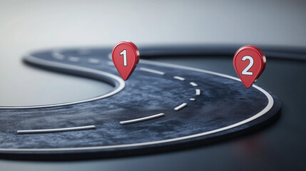 Obraz premium a business journey path illustrated with curved road and numbered pins, goal achievement and planning stages