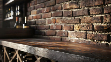 Side view of empty wooden counter inside urban bar with vintage brick wall at night, capturing rustic ambiance and classic interior design for hospitality or restaurant industry themes