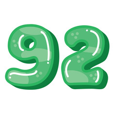Green color number 92 ninety two vector illustration, number 92 clip art, number ninety two clip art, cute cartoon kids design style
