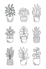Nine Line Art Drawings of Houseplants in Pots for Home Decor