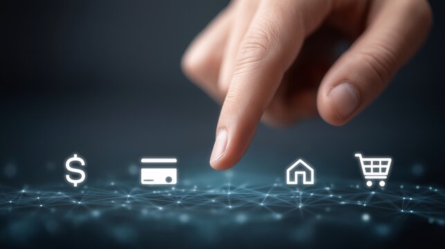 Finger presses an icon for online shopping representing digital payment methods and secure home banking featuring credit cards and dollars for modern e commerce transactions