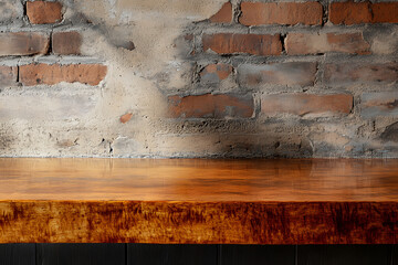 centered wine bottle and glass on wooden counter with subtle scratches, set against warm-toned brick background. The soft lighting and rich textures create inviting elegant atmosphere.