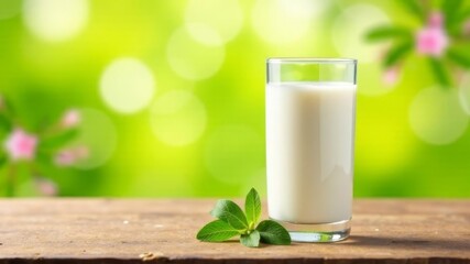 fresh cow's milk stands on a wooden table on a natural green background