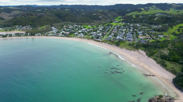 Drone Flight Over Matapouri Beach Showing Township, New Zealand