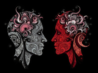 Surreal Abstract Faces in Red and Grey with Ornamental Swirls and Mechanical Floral Elements on Black Background, Expressing Duality, Emotions, and Contrast in Modern Fantasy-Inspired Design