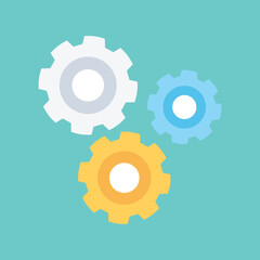 Colorful flat gear icon illustration with blue, yellow, and white cogs on a teal background, symbolizing settings, configuration, teamwork, or mechanical process in digital or industrial contexts.