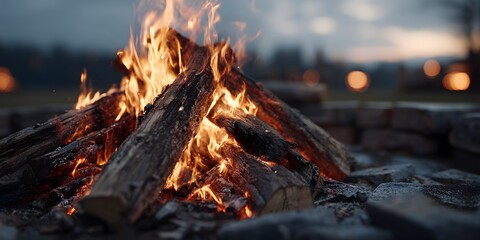 Roaring campfire: vibrant orange, yellow flames dance from logs. Charred, fresh wood textures. Soft-focus background, pale cloudy sky. Warm, energetic.