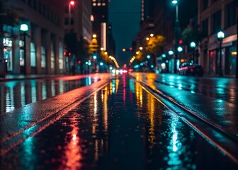 Fototapeta premium Wet Street Lines Reflecting City Lights