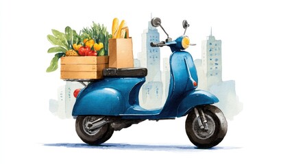 Groceries delivered Scooter with food in a city watercolor.