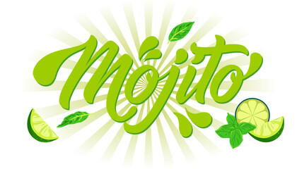 Mojito lettering banner. Logo for billboard, poster, advertising of summer drinks. Modern hand drawn lettering label for cocktail Vector graphics EPS10