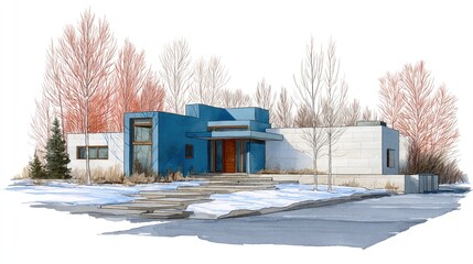 Modern Home Watercolor Winter Estate Serenity with Architecture Art.