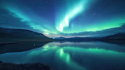 Aurora borealis reflecting in serene lake, mountains, night sky, travel poster
