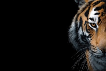 Fototapeta premium Tiger portrait over the black background with copy space. Generative Ai