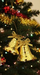 Photo Golden Bells And Ribbons On A Christmas Tree Festive Holiday Scene