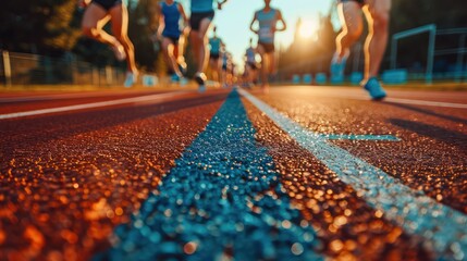 Focus on the track surface // blurred image of a group of runners training on the field.