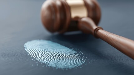 Wooden gavel rests near a fingerprint symbolizing crime investigation and justice in the court system emphasizing forensic science and law enforcement focus for legal themes