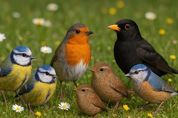 Fototapeta premium Colorful birds in nature gathering.