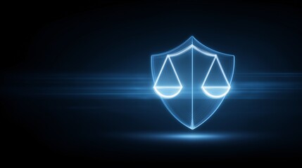 Glowing blue justice scales inside a shield symbol on a dark background represent legal protection and fairness It conveys security justice and law with abstract glowing lines