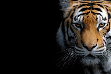 Naklejka premium Tiger portrait over the black background with copy space. Generative Ai