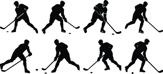 Obraz premium Hockey playing silhouette set. Collection of hockey sports vector on transparent background 