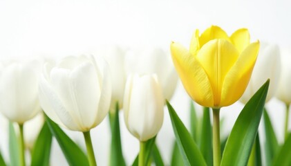One yellow tulip among white tulips on white background, isolated, yellow, petal