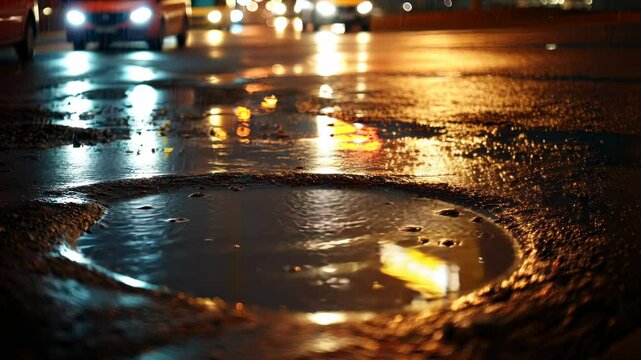 Night street view of a pothole filled with water, reflecting city lights