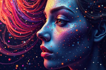 Abstract face-like pattern in swirling lines and dots, circles, design element, artistic