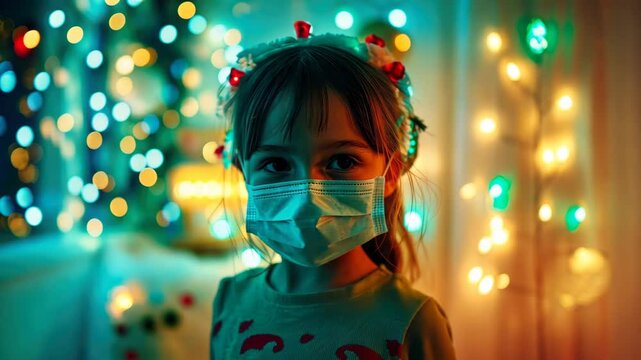 Child wearing medical mask in indoor celebration, holiday lighting in background.