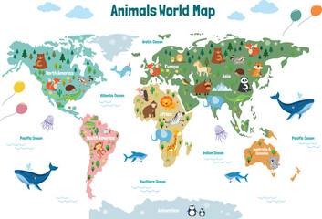 Animals world map. Beautiful cheerful colorful vector illustration for children and kids. With the inscription of the oceans and continents. Preschool, baby, continents, oceans, drawn, Earth © SweetAmbient