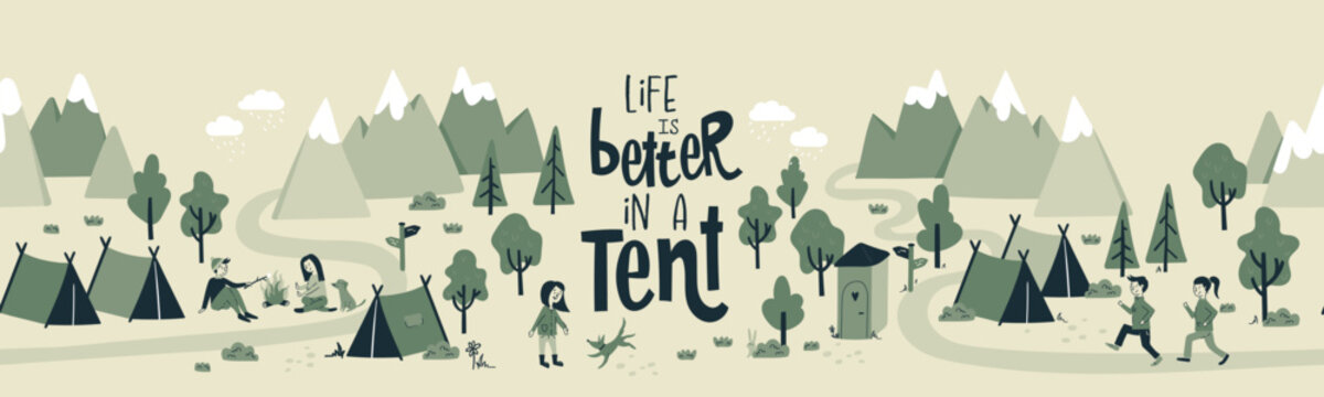 Fototapeta Cute hand drawn seamless pattern with camping doodles, tents, hikers and trails, great for textiles, banners, wallpapers