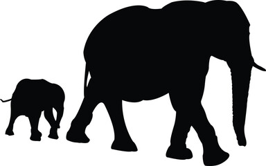 Elephant with Baby Vector Silhouette,Wildlife Family Art Design