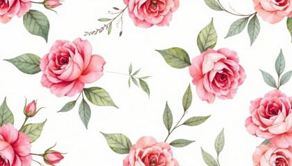 Delicate watercolor roses & leaves, repeating floral pattern, leaves, seamless floral pattern
