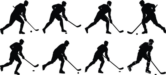Obraz premium Hockey playing silhouette set. Collection of hockey sports vector on transparent background 