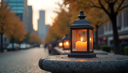 A lantern with a lit candle sits on a stone bench in a city street during sunset
