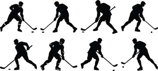 Hockey playing silhouette set. Collection of hockey sports vector on transparent background
