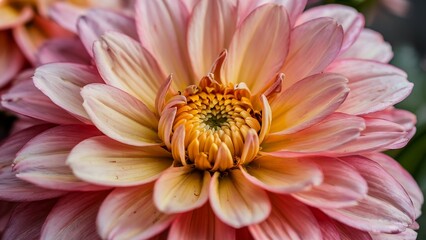 Close up macro of a vibrant pink and yellow dahlia flower showing detailed petals