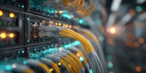 Glowing yellow and blue network cables in AI data center server. Intricate wiring, blinking LEDs show data transfer. Warm light flare. Soft background. High-tech, futuristic.