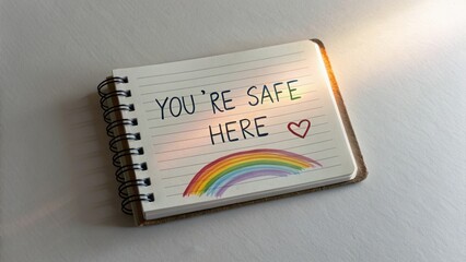 Creating Pride Safe Spaces, Supporting LGBTQ+ Inclusion Concept, A notebook with a reassuring message and a colorful rainbow illustration.