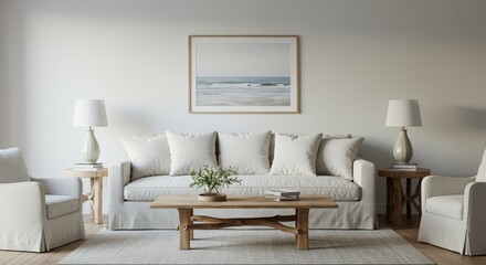 Photo of a Bright Cozy Living Room Interior with White Sofa Lamps and Decor