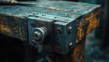 Close-up of an Antique Wooden Workbench with a Metal Vise and Visible Screw Heads