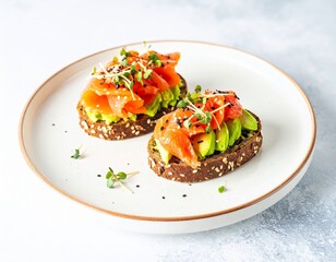 Overhead shot of vibrant salmon avocado toasts with cucumber, sesame, sprouts on white plate.