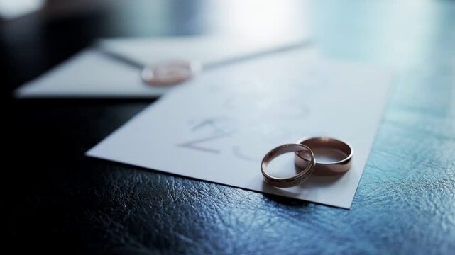 Red rose petals falling on wedding invitation envelope and wedding rings. Slow motion
