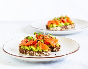 Overhead shot of vibrant salmon avocado toasts with cucumber, sesame, sprouts on white plate.