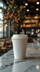 White disposable coffee cup on marble counter